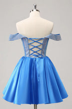 HEULORIA Sparkly Rhinestone Corset Homecoming Dress Off-the-Shoulder Satin Mini Party Gown ED-596