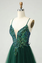 HEULORIA Short Emerald Green V-Neck Sequined Homecoming Dress with Illusion Plunge & Lace-Up Back ED-282