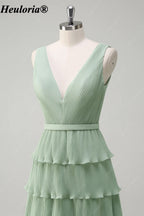 heuloria-Dusty Sage V-Neck Pleated Tiered Bridesmaid Dress with Slit-ed-559