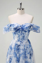 Heuloria Dreamy Blue Floral Strapless Tulle Prom Dress with High Slit and Corset Bodice ED-509