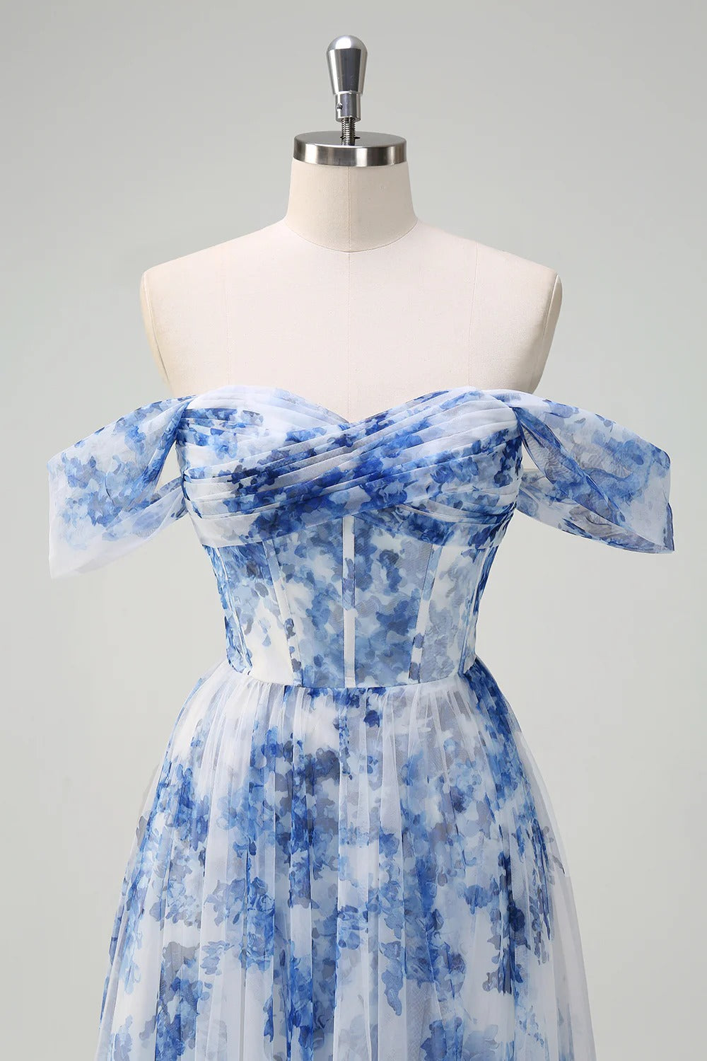 Heuloria Dreamy Blue Floral Strapless Tulle Prom Dress with High Slit and Corset Bodice ED-509