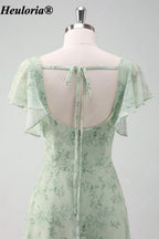 heuloria-Grey Green Floral Square Neck Flutter Sleeve Bridesmaid Dress-ed-558