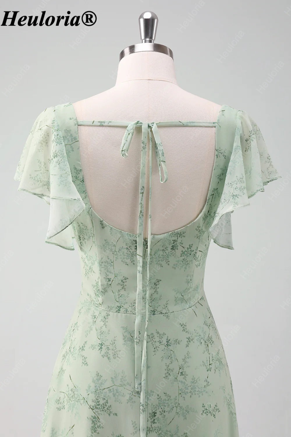 heuloria-Grey Green Floral Square Neck Flutter Sleeve Bridesmaid Dress-ed-558