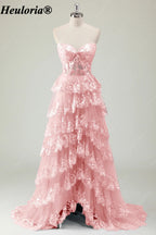 HEULORIA Strapless Sweetheart Floral Tiered Tulle Prom Dress ED-573
