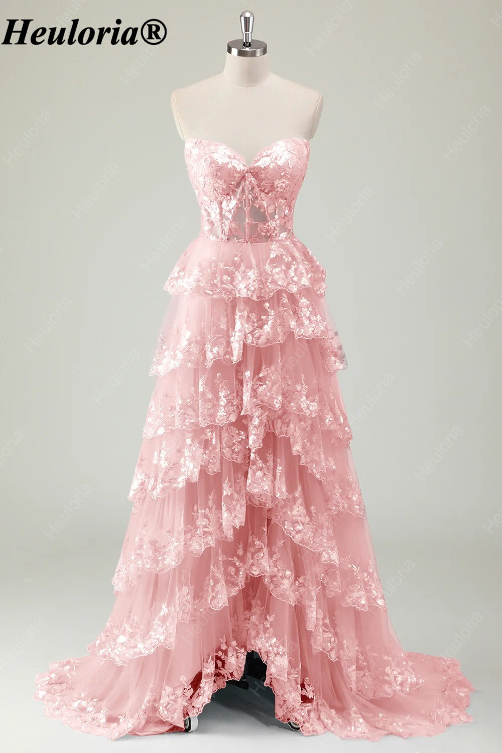 HEULORIA Strapless Sweetheart Floral Tiered Tulle Prom Dress ED-573