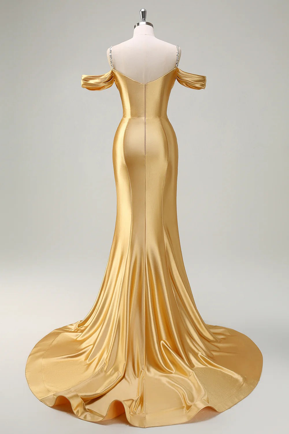 HEULORIA Elegant Ruched Satin Mermaid Evening Gown with Crystal Embellished Straps & Off-the-Shoulder Sleeves ED-349