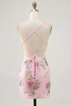 HEULORIA Floral Embroidered Sequin Bodycon Mini Dress with Sheer Mesh Cut-outs and Lace-Up Back ED-597