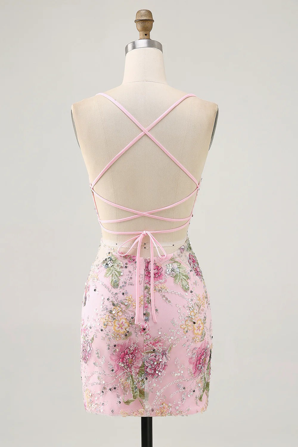 HEULORIA Floral Embroidered Sequin Bodycon Mini Dress with Sheer Mesh Cut-outs and Lace-Up Back ED-597