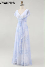 heuloria-Floral V-Neck Flutter Sleeve Bridesmaid Dress with Ruffle Slit-ed-564