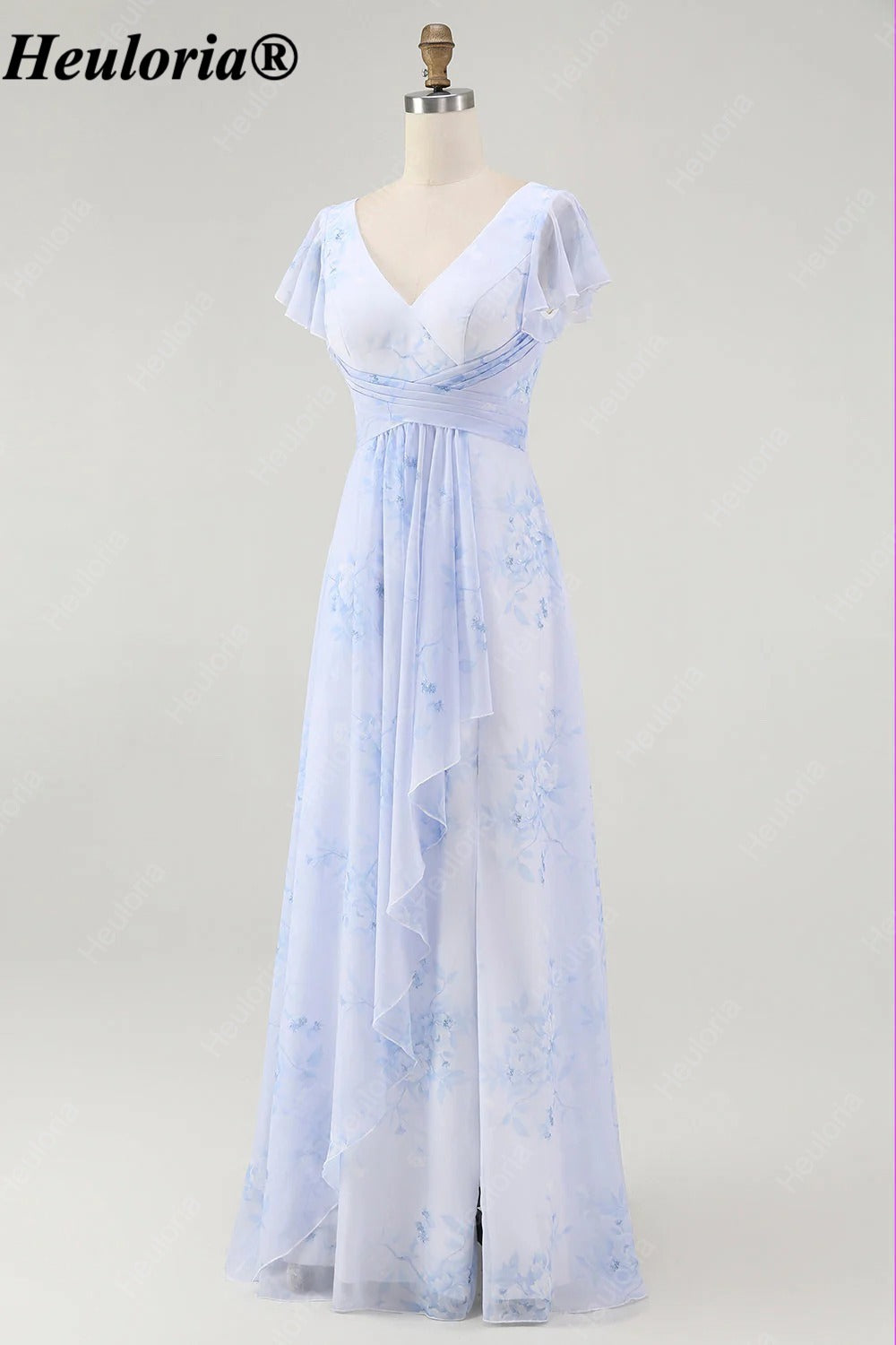 heuloria-Floral V-Neck Flutter Sleeve Bridesmaid Dress with Ruffle Slit-ed-564