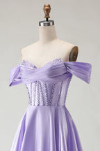 HEULORIA Off-the-Shoulder Sequin Beaded Satin Prom Dress with Slit & Corset Back ED-586