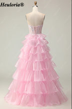 heuloria Strapless Tiered Ruffle Prom Dress with Sheer Corset Bodice ed-510