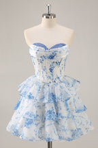 HEULORIA Strapless Sweetheart Floral Corset Mini Dress with Tiered Ruffle Skirt ED-280