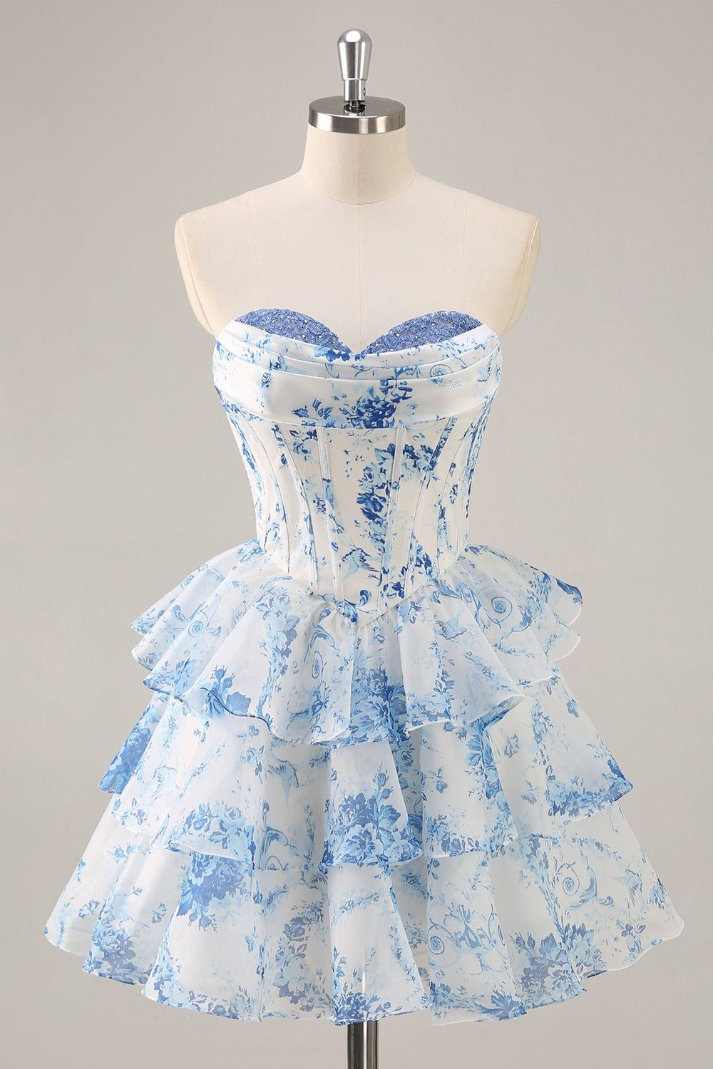HEULORIA Strapless Sweetheart Floral Corset Mini Dress with Tiered Ruffle Skirt ED-280
