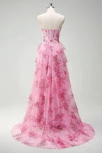 HEULORIA Vintage-Inspired Strapless Floral Gown: Sweetheart Corset Bodice Tiered Ruffle Evening Dress ED-233