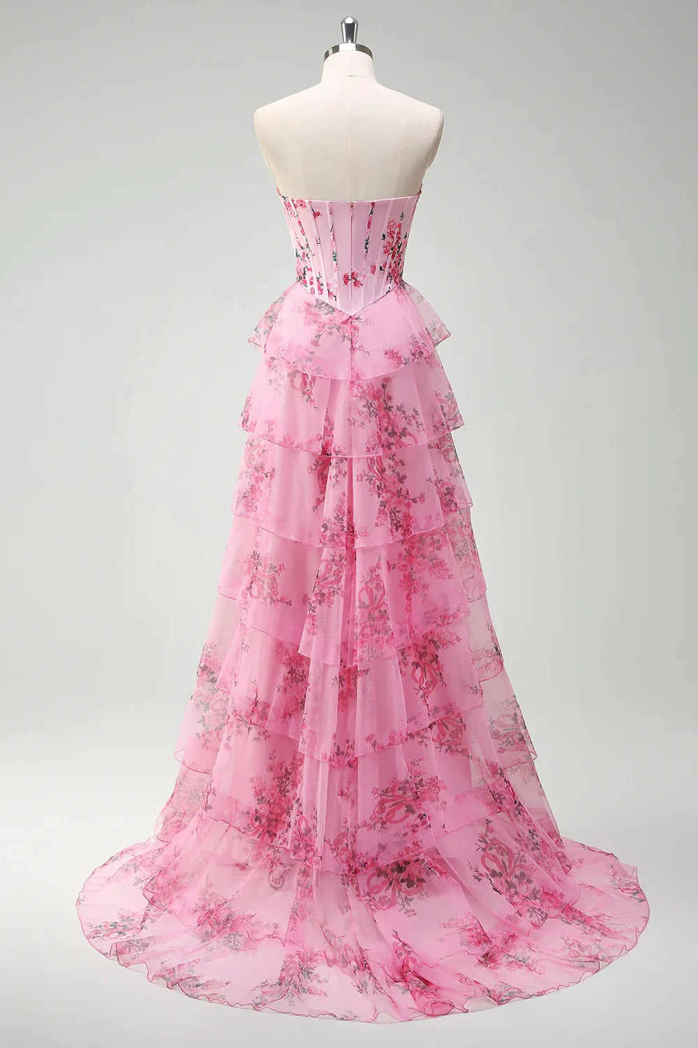 HEULORIA Vintage-Inspired Strapless Floral Gown: Sweetheart Corset Bodice Tiered Ruffle Evening Dress ED-233