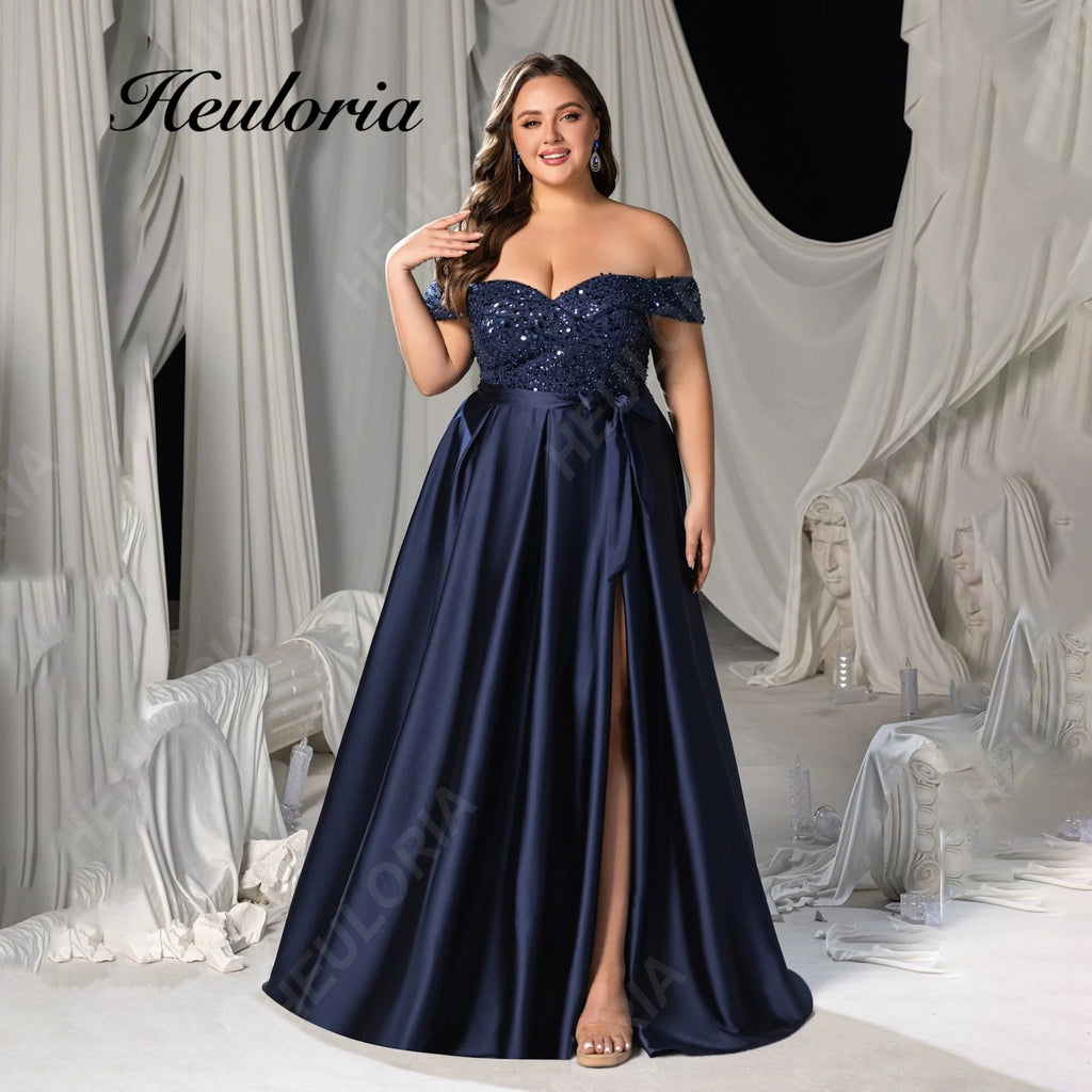 HEULORIA Plus Size Off-The-Shoulder Sequin & Satin Evening Gown with High Slit ED-382