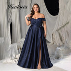 HEULORIA Plus Size Off-The-Shoulder Sequin & Satin Evening Gown with High Slit ED-382
