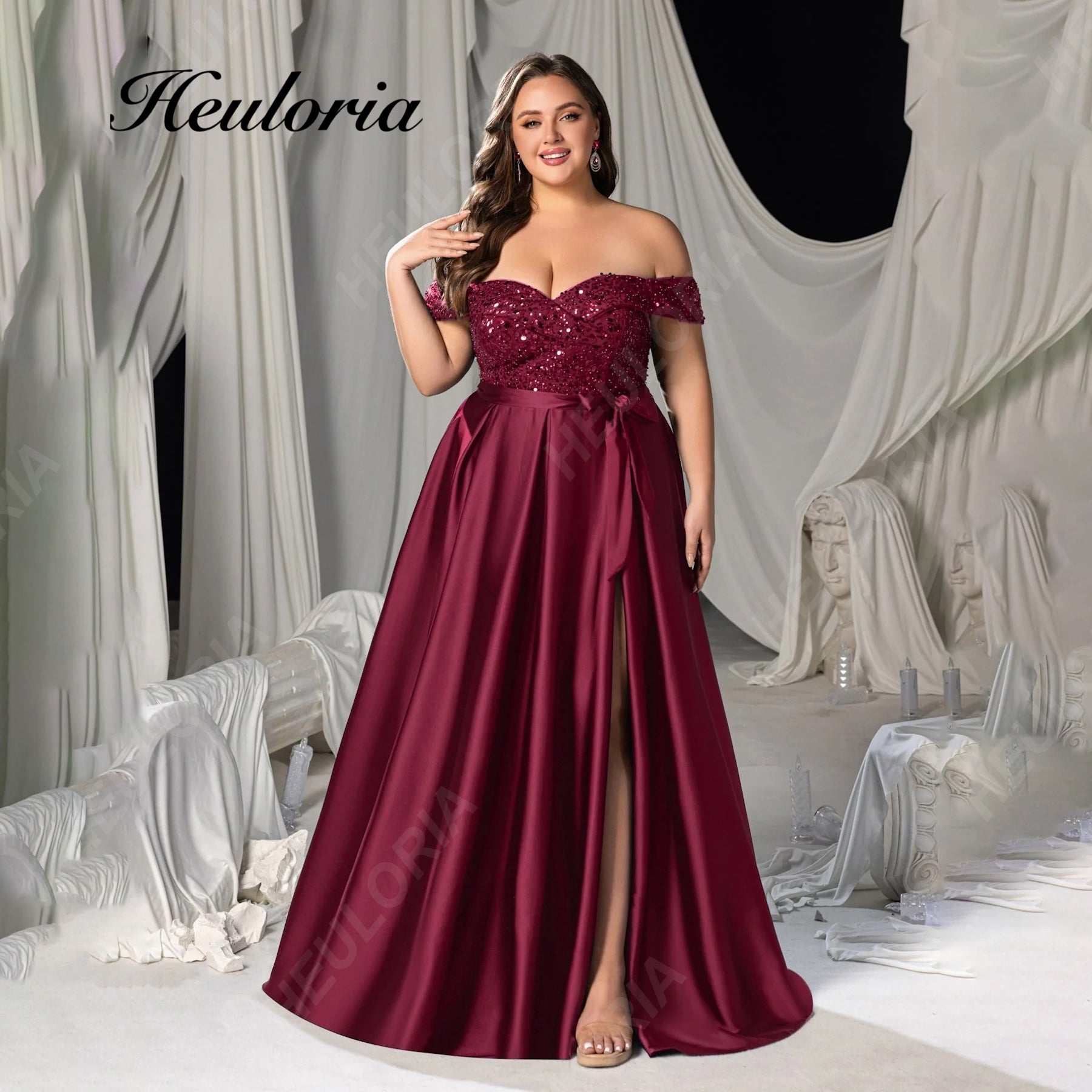 HEULORIA Plus Size Off-The-Shoulder Sequin & Satin Evening Gown with High Slit ED-382 Image principale du produit