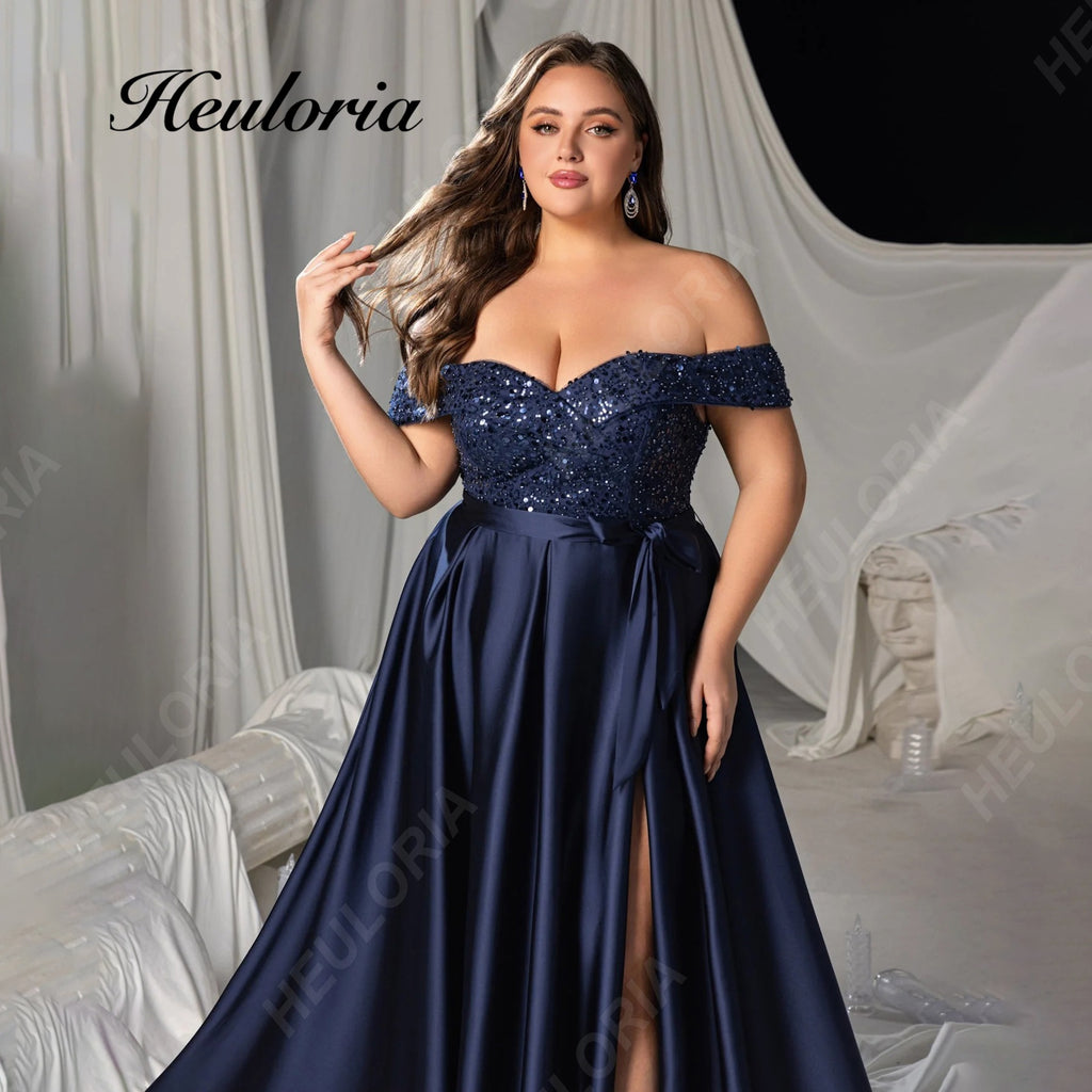 HEULORIA Plus Size Off-The-Shoulder Sequin & Satin Evening Gown with High Slit ED-382
