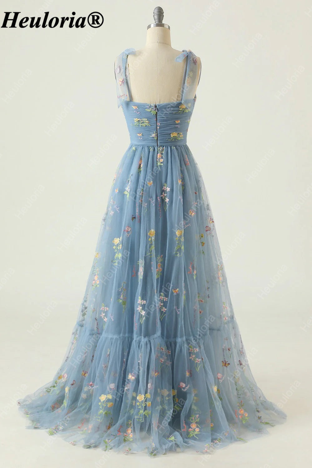 heuloria Floral Embroidered Tulle A-Line Dress with Bow Straps ed-525