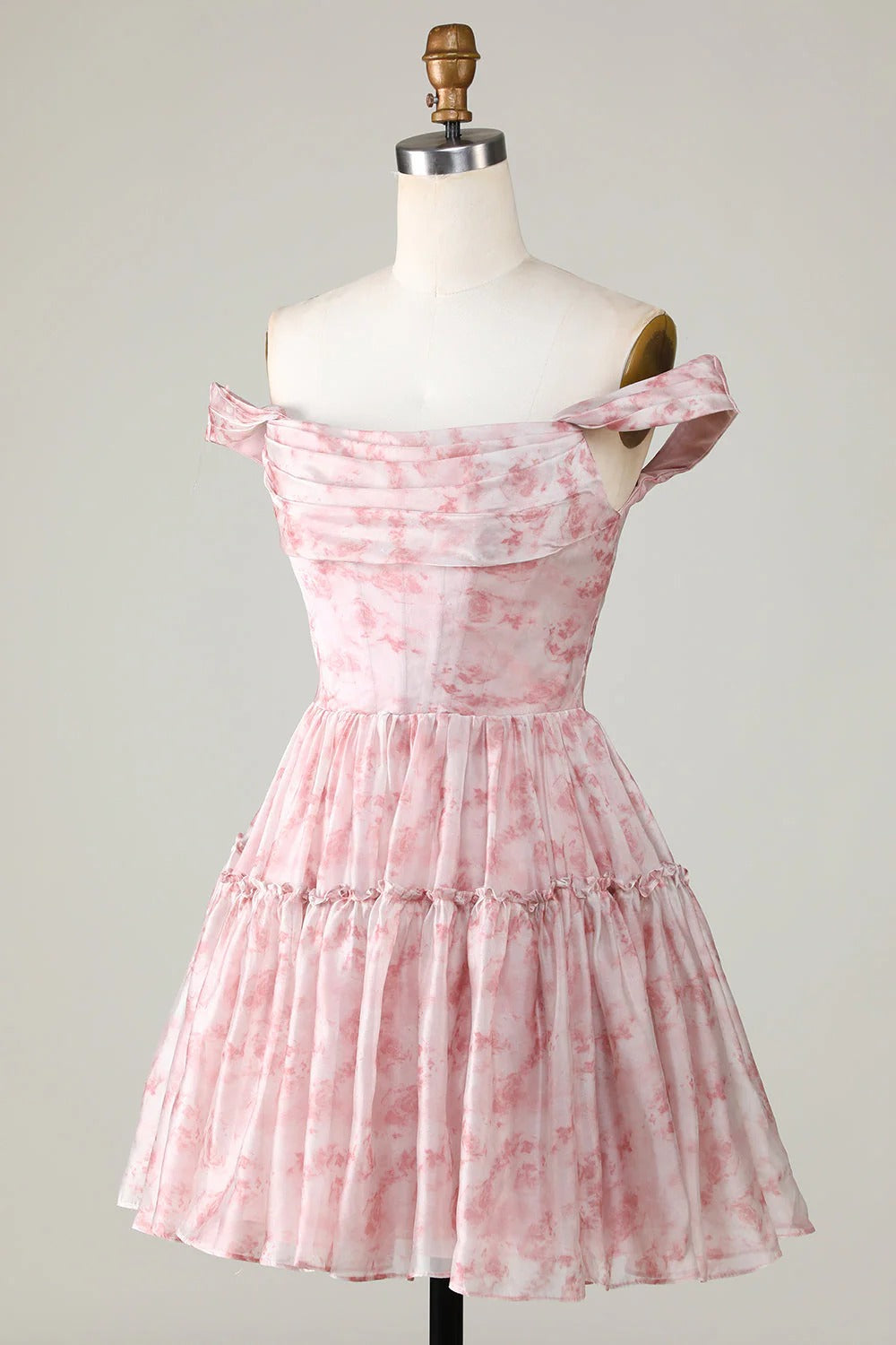 HEULORIA Ethereal Watercolor Floral Off-the-Shoulder Tiered Mini Dress ED-600