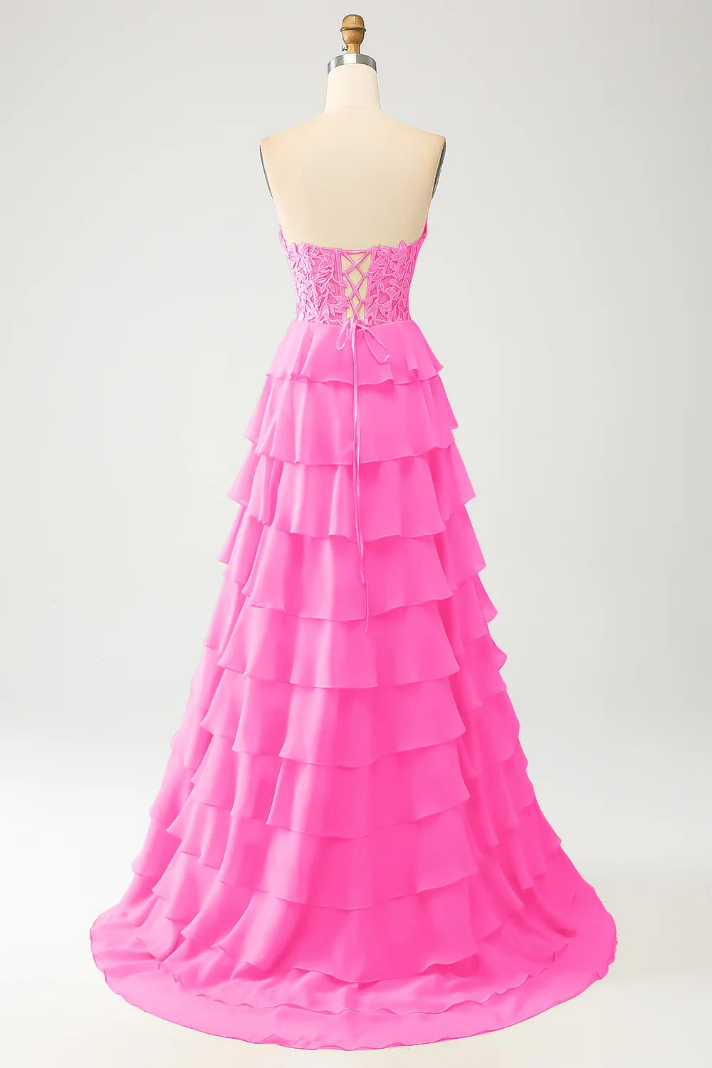 HEULORIA Strapless Sweetheart Lace Bodice Tiered Ruffle Chiffon Prom Gown - Available in Multiple Colors evening dresses ED-235