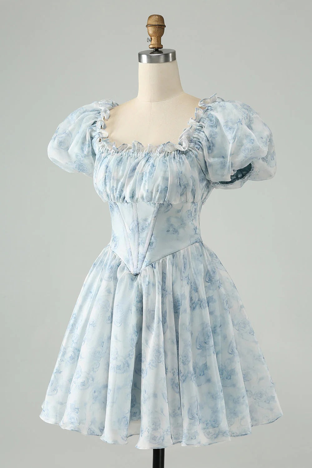 HEULORIA Romantic Floral Puff Sleeve Square Neck Mini Dress with Corset Waist ED-592