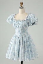 HEULORIA Romantic Floral Puff Sleeve Square Neck Mini Dress with Corset Waist ED-592