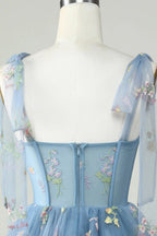 HEULORIA Floral Embroidered Tulle Mini Dress - Sweetheart Corset Bodice with Sheer Tie-Shoulder Straps ED-273
