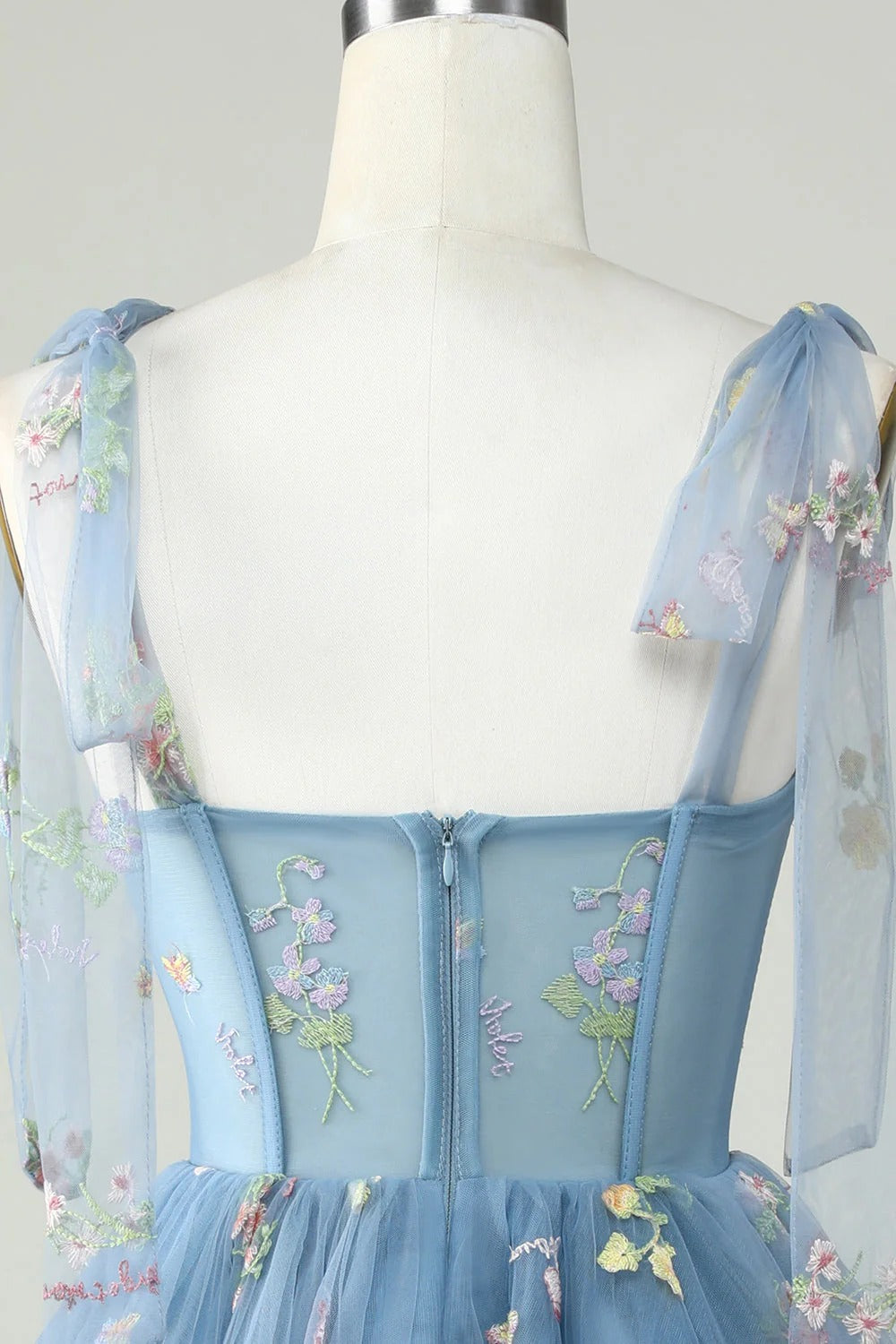 HEULORIA Floral Embroidered Tulle Mini Dress - Sweetheart Corset Bodice with Sheer Tie-Shoulder Straps ED-273