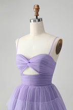 HEULORIA Lavender Tiered Tulle Cut-Out Mini Dress: Twisted Sweetheart Neckline & Spaghetti Straps ED-272