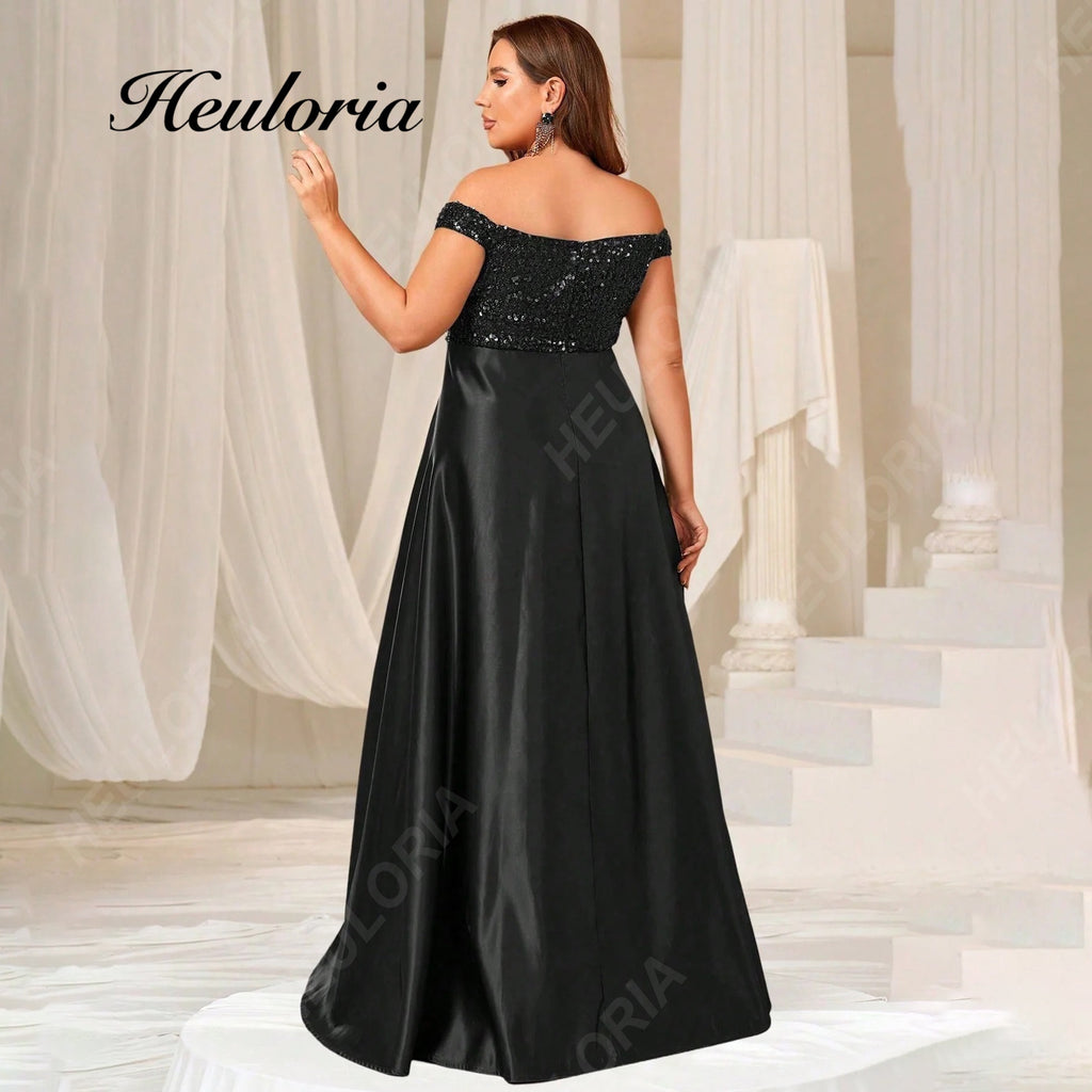 HEULORIA Plus Size Off-the-Shoulder Sequin Bodice Satin Evening Gown with Thigh Slit ED-383