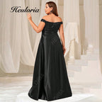 HEULORIA Plus Size Off-the-Shoulder Sequin Bodice Satin Evening Gown with Thigh Slit ED-383
