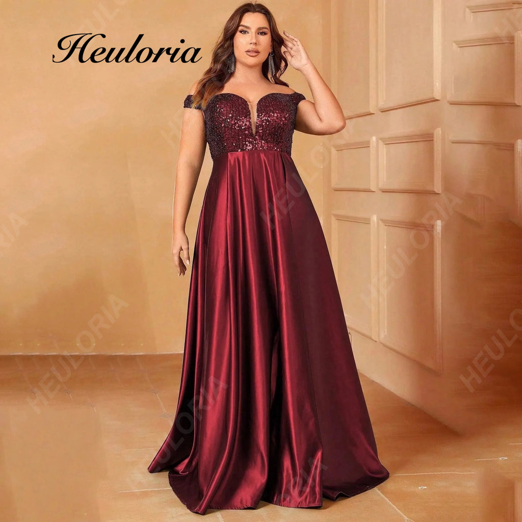 HEULORIA Plus Size Off-the-Shoulder Sequin Bodice Satin Evening Gown with Thigh Slit ED-383