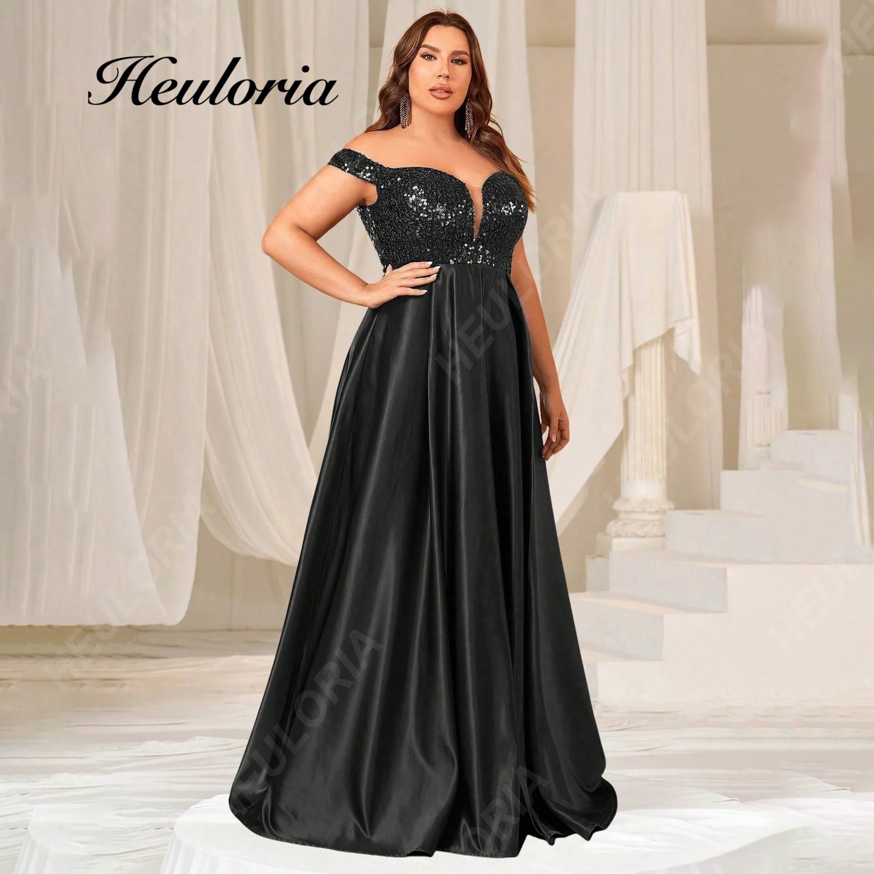 HEULORIA Plus Size Off-the-Shoulder Sequin Bodice Satin Evening Gown with Thigh Slit ED-383