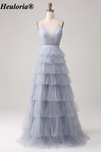 heuloria Dusty Blue V-Neck Tiered Tulle Prom Dress with Open Back ed-583