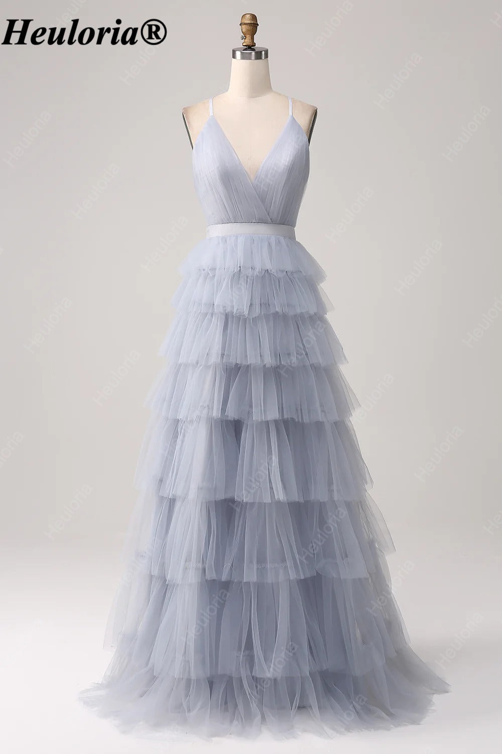heuloria Dusty Blue V-Neck Tiered Tulle Prom Dress with Open Back ed-583