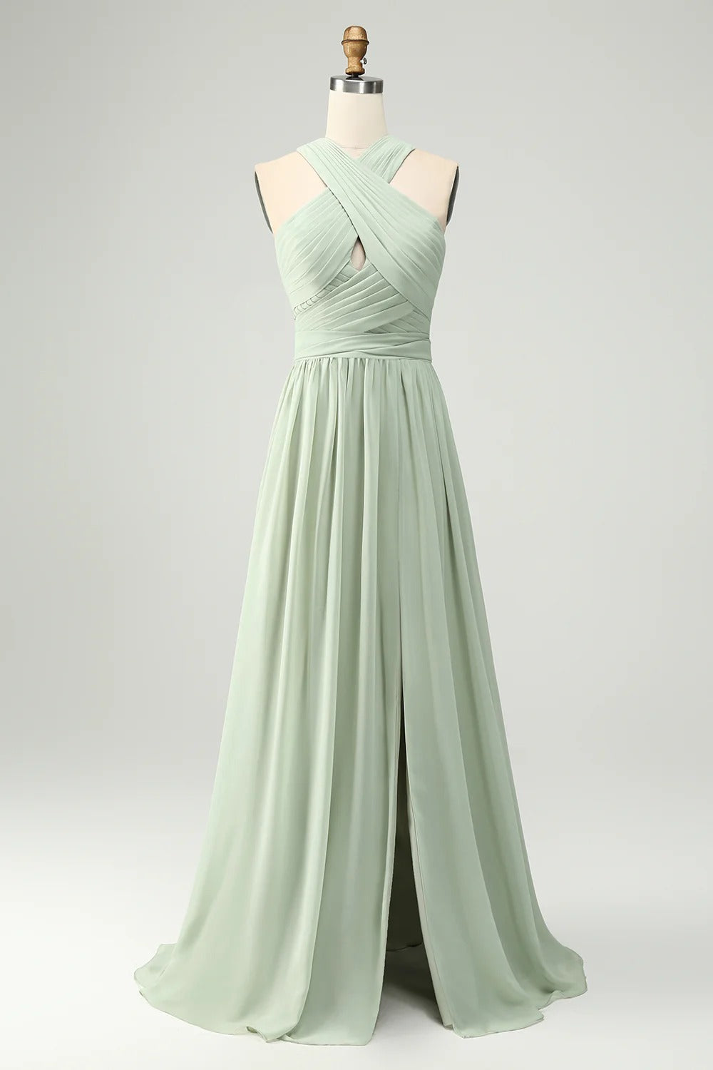 HEULORIA Dusty Sage Chiffon Criss-Cross Halter Bridesmaid Dress with Front Slit and Bow Back ED-256