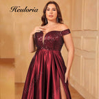 HEULORIA Plus Size Off-the-Shoulder Sequin Bodice Satin Evening Gown with Thigh Slit ED-383