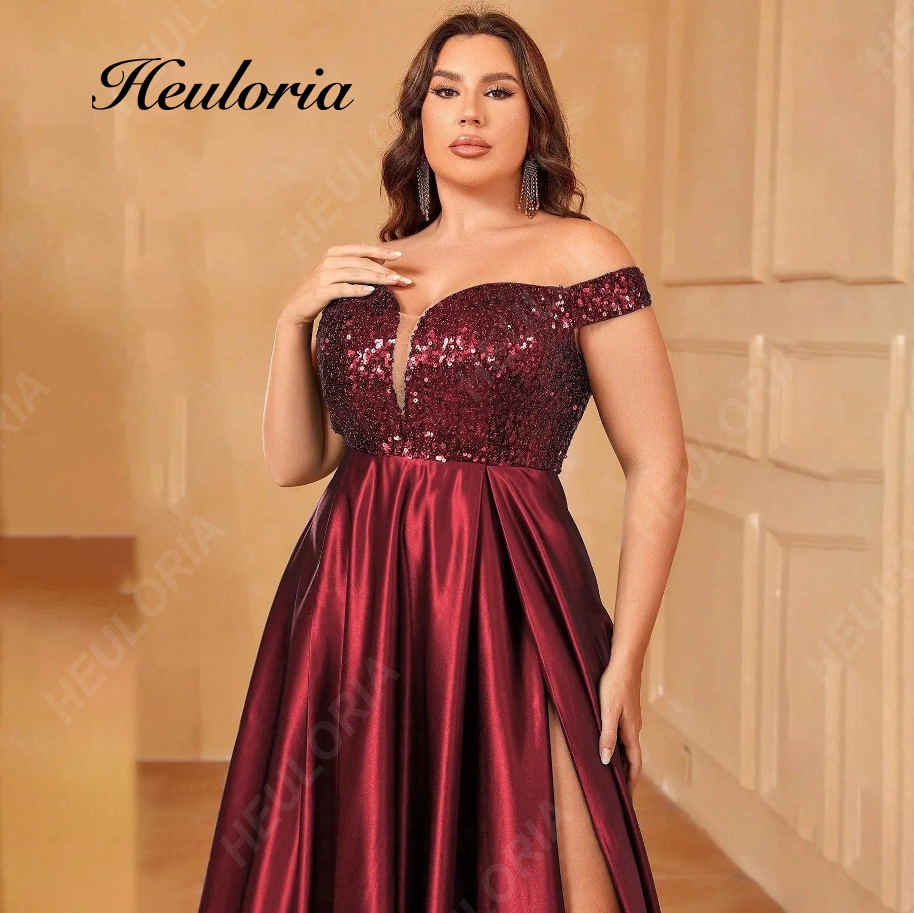 HEULORIA Plus Size Off-the-Shoulder Sequin Bodice Satin Evening Gown with Thigh Slit ED-383