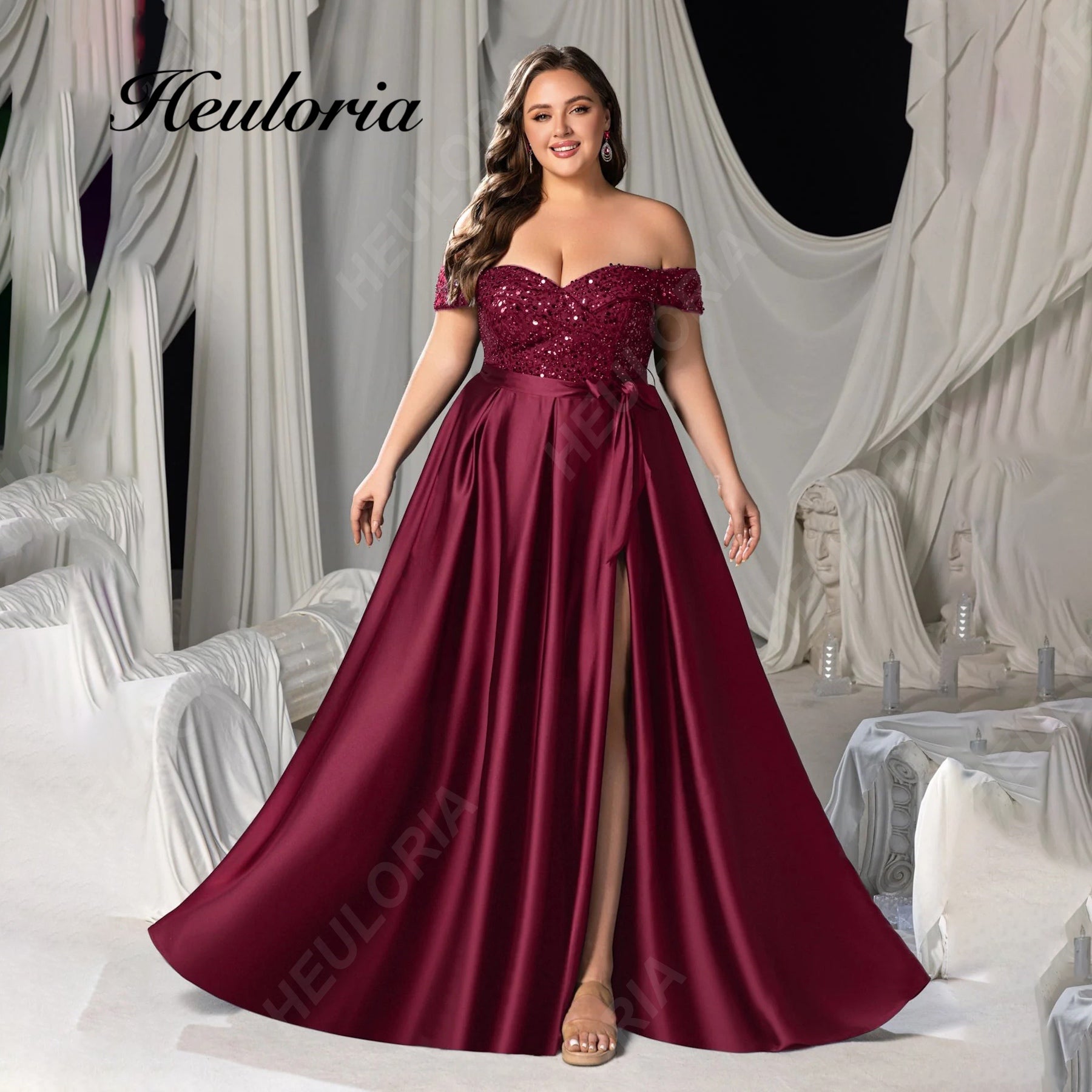 HEULORIA Plus Size Off-The-Shoulder Sequin & Satin Evening Gown with High Slit ED-382