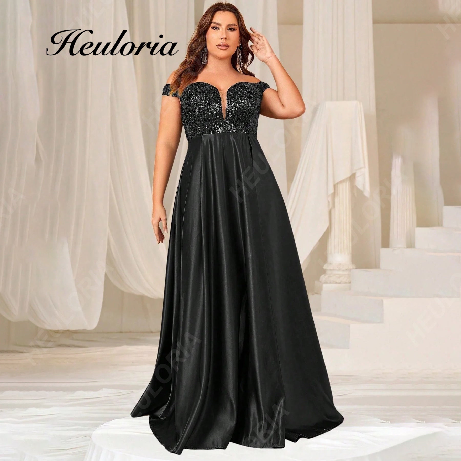 HEULORIA Plus Size Off-the-Shoulder Sequin Bodice Satin Evening Gown with Thigh Slit ED-383