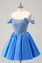 HEULORIA Sparkly Rhinestone Corset Homecoming Dress Off-the-Shoulder Satin Mini Party Gown ED-596