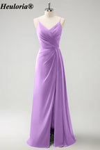 HEULORIA V-Neck Pleated Chiffon Bridesmaid Dress with Slit | ED-957