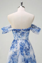 Heuloria Dreamy Blue Floral Strapless Tulle Prom Dress with High Slit and Corset Bodice ED-509