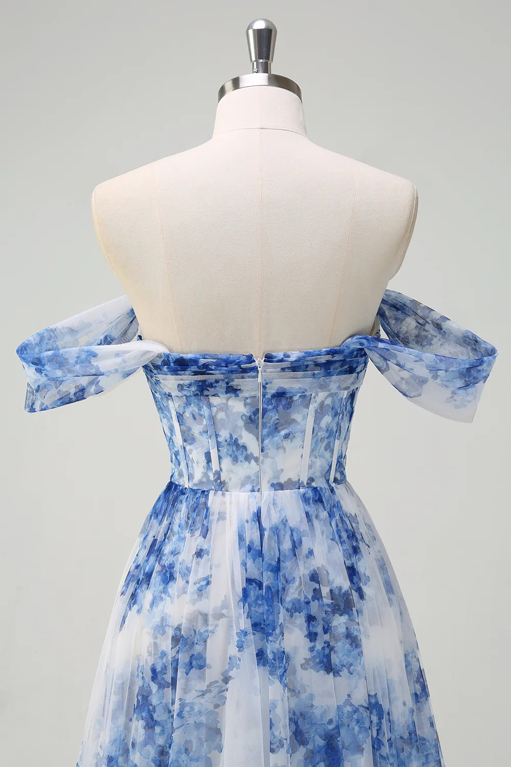 Heuloria Dreamy Blue Floral Strapless Tulle Prom Dress with High Slit and Corset Bodice ED-509