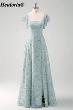heuloria-Grey Green Floral Square Neck Flutter Sleeve Bridesmaid Dress-ed-558