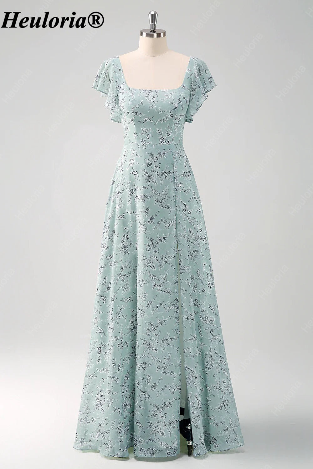 heuloria-Grey Green Floral Square Neck Flutter Sleeve Bridesmaid Dress-ed-558