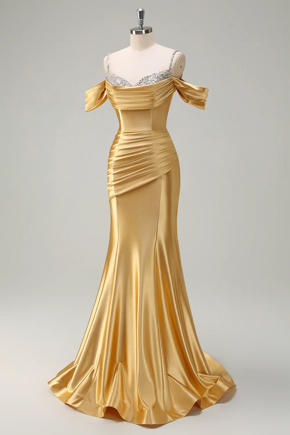 HEULORIA Elegant Ruched Satin Mermaid Evening Gown with Crystal Embellished Straps & Off-the-Shoulder Sleeves ED-349